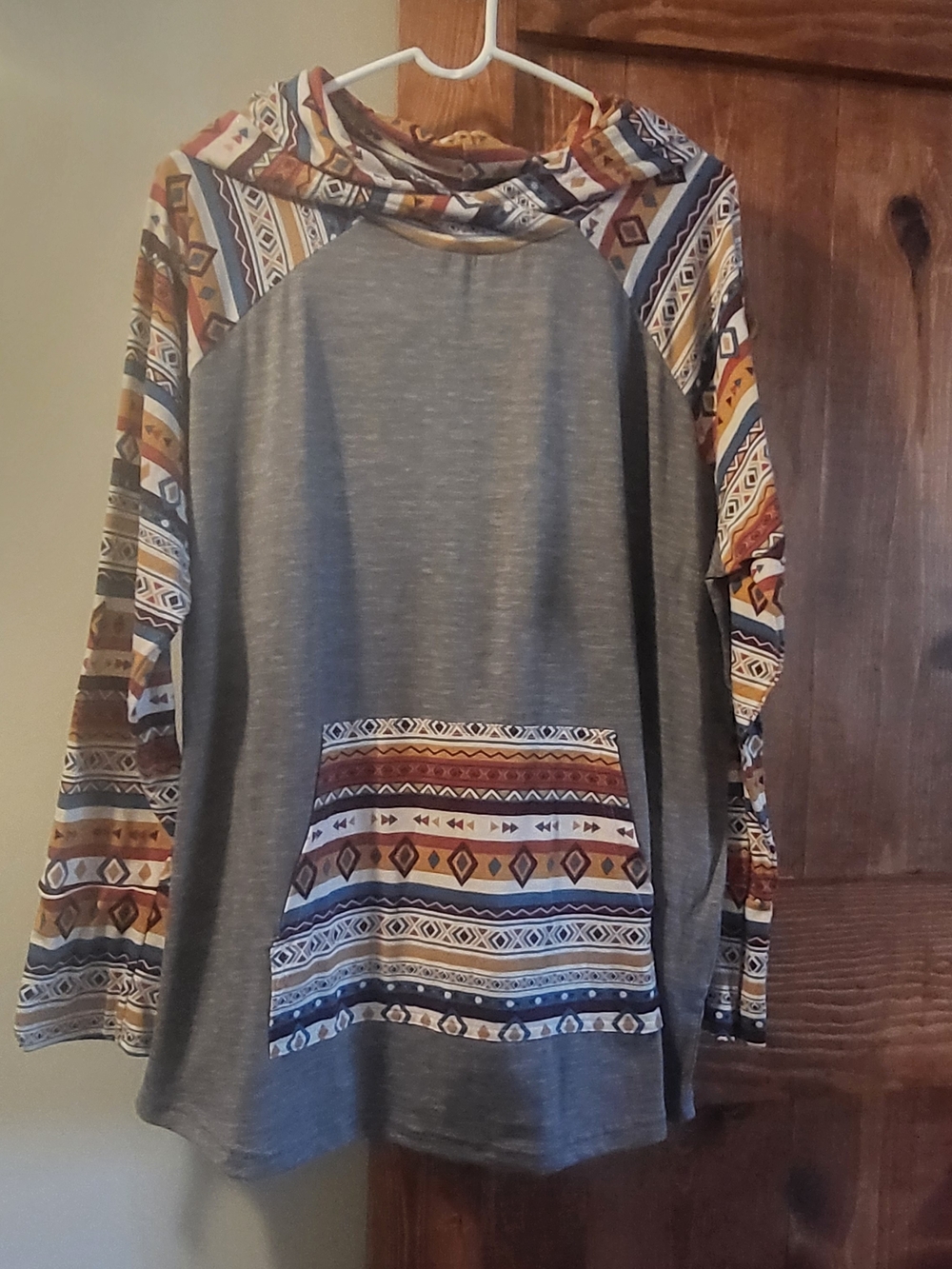 LuLaRoe Amber- Thinner Gray Hoodie with Southwestern Print Accents